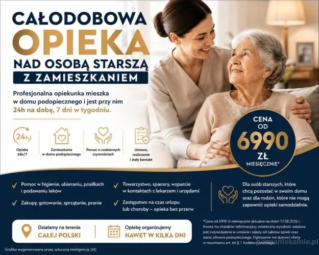 Usługa opieki od 6990 zł 24h nad osobą starszą z zamieszkaniem